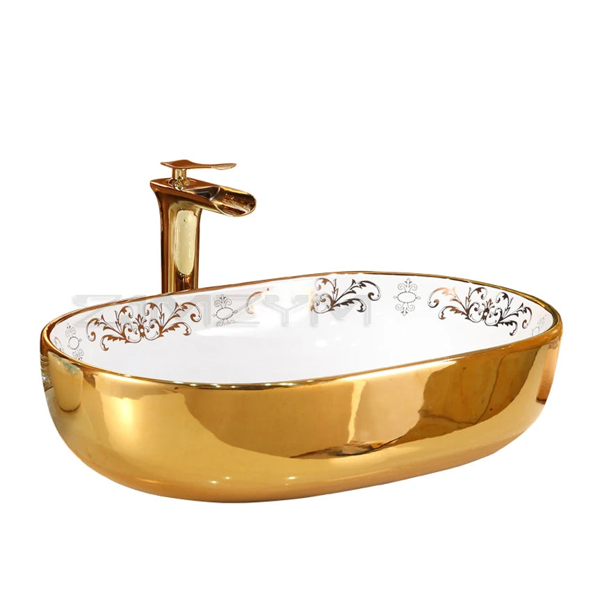 Gold Oval Countertop Ceramic Wash Basin 570*390*150mm Bathroom Vessel Sink