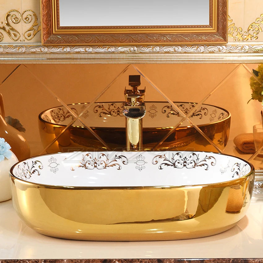 Gold Oval Countertop Ceramic Wash Basin 570*390*150mm Bathroom Vessel Sink