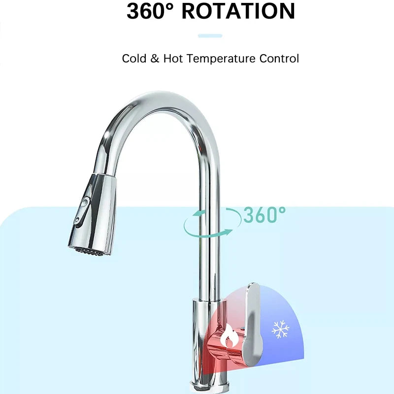 Pull Out Kitchen Faucet 360 Rotate Shower/Stream Sprayer Head Mixer Hot and Cold Water Tap Deck Mounted