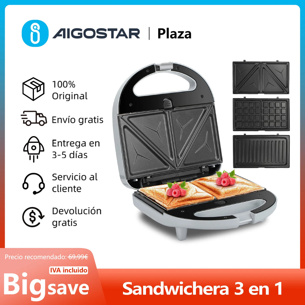 3 in 1 Sandwich Maker: Electric Sandwich Maker, Grill and Waffle Maker, 3 Removable Non-Stick and Interchangeable Plates, 750 W
