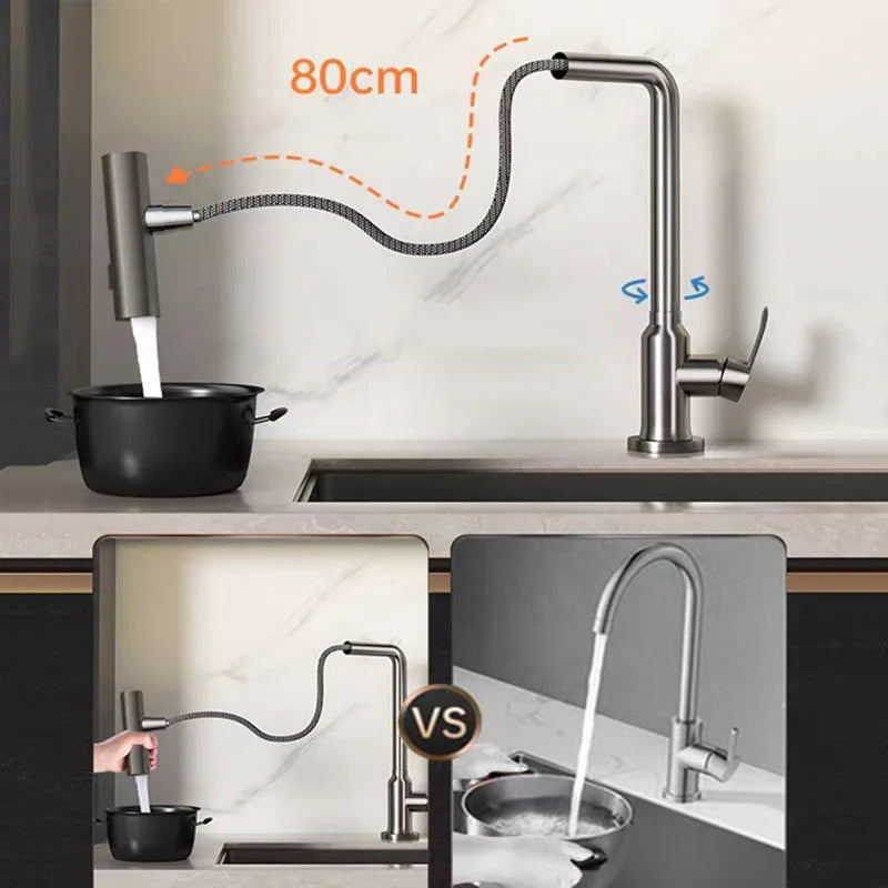 Stainless Steel High Quality Kitchen Faucet Pull-out Sink Household Sink Kitchen Hot and Cold Faucet Rotatable