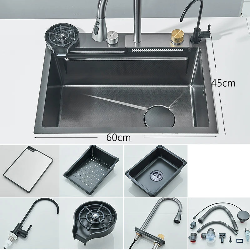 304 Stainless Steel Waterfall Kitchen Sink Large Single Slot Integrated 60X45cm Faucet Set Soap Dispenser Pure Water Tap