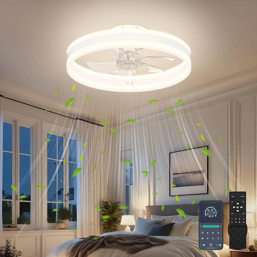Modern ceiling fan with light and remote control, 15.7 "low-specification ceiling fan, with 6-speed and dimmable LED, APP 3CCT