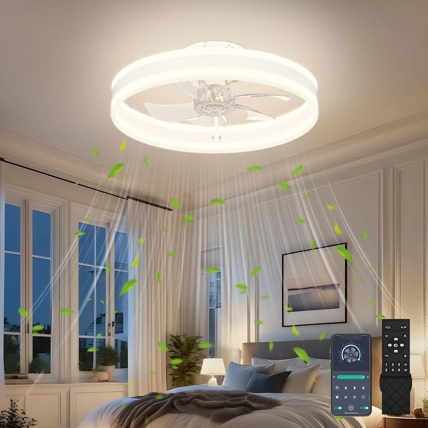 Modern ceiling fan with light and remote control, 15.7 "low-specification ceiling fan, with 6-speed and dimmable LED, APP 3CCT