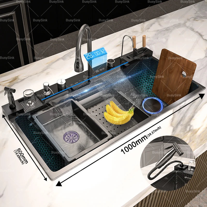 Gloden Stainless Steel Waterfall Kitchen Sink with Faucet Digital Display Multifunctional  Large Single Slot Dishwashing Basins