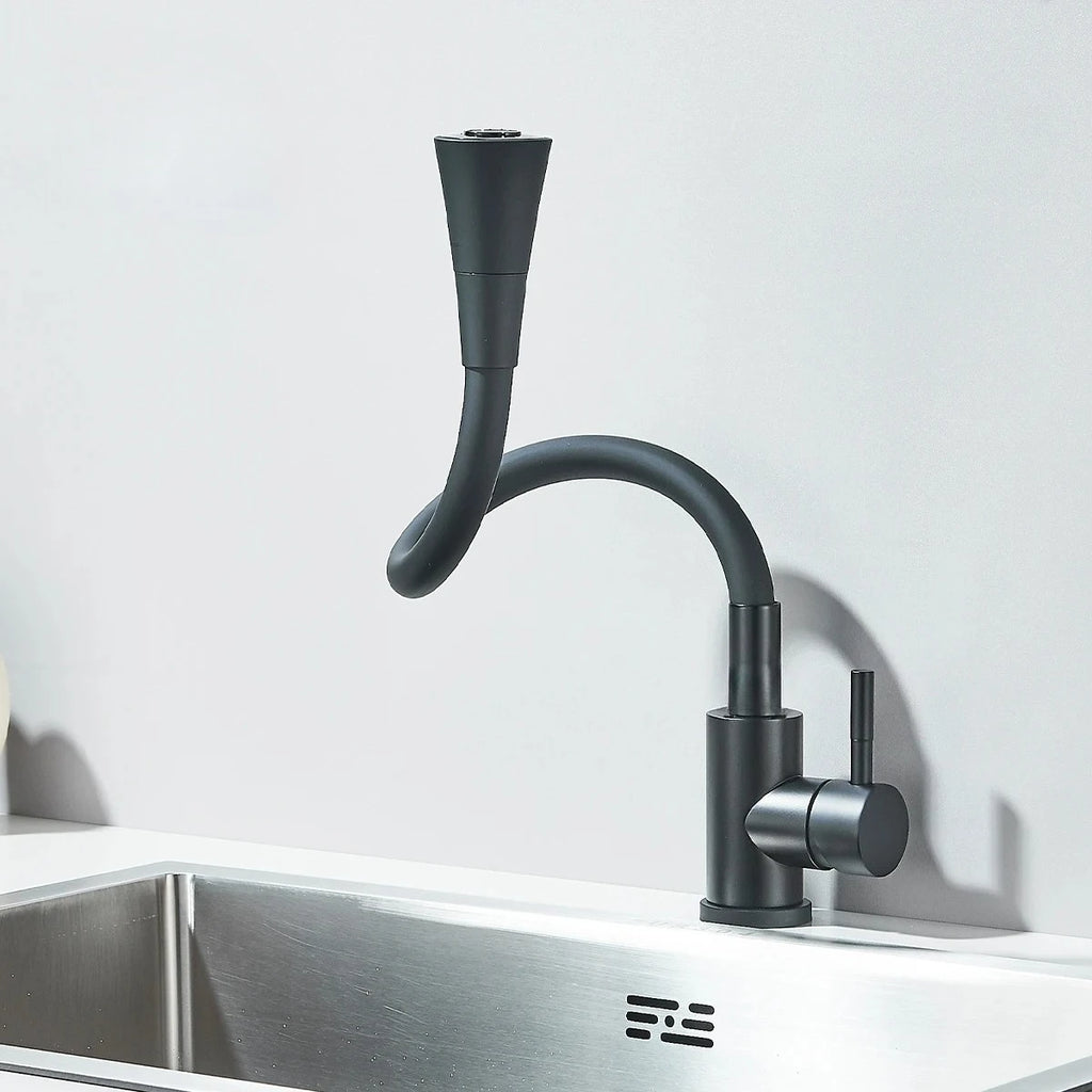 Kitchen Sink Faucet Matte Black 2 Modes Flexible Pipe Hot and Cold Water Mixing Tap Single Handle Free Rotation Tap