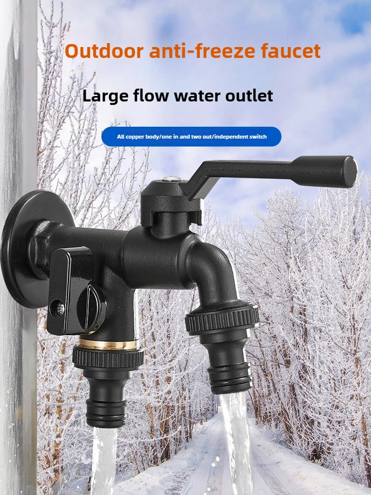 Black Brass Garden Hose Faucet Outdoor Anti-Freeze Bibcocks with Dual Outlet for Washing Machine 1/2 Inch Outdoor Faucet, Garden