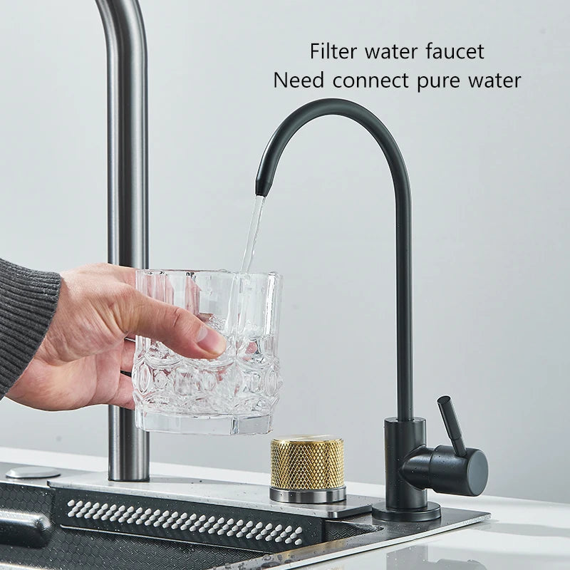 304 Stainless Steel Waterfall Kitchen Sink Large Single Slot Integrated 60X45cm Faucet Set Soap Dispenser Pure Water Tap