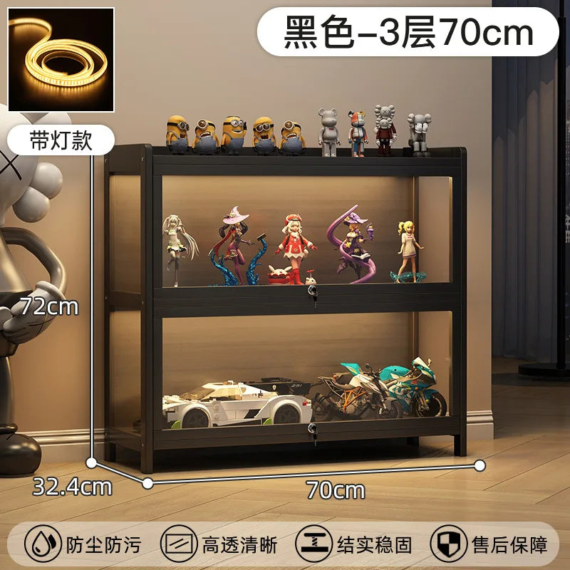 Display Cabinet Acrylic Curio Cabinet with Lock Glass Display Cabinet Natural Bamboo  Glass Cabinet Easy to Install，With Lights