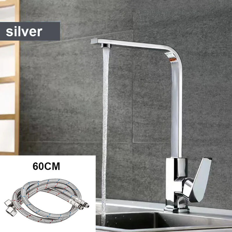 7-Shape Copper Kitchen Faucet - 360° Swivel Sink Mixer with Ceramic Cartridge & Aerator, Silver/Black