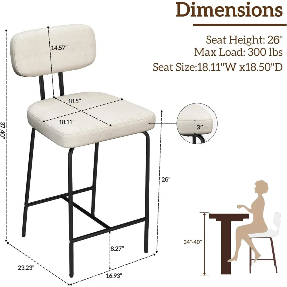 26" counter height bar stools (Set of 2) - White Fabric with Backs, Wide Seat, Metal Legs & Footrest | Kitchen Bar Use