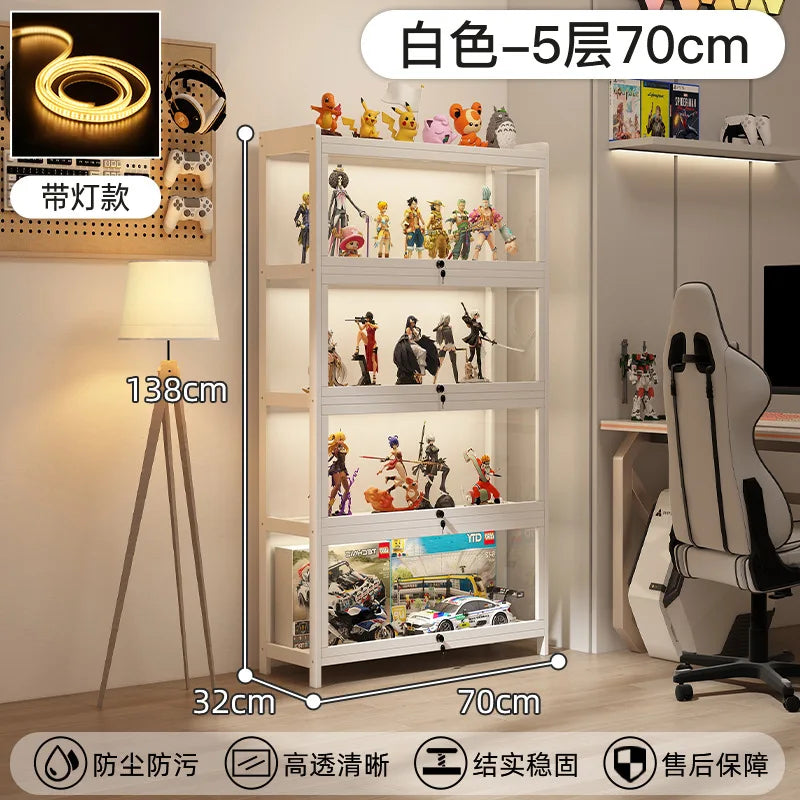 Display Cabinet Acrylic Curio Cabinet with Lock Glass Display Cabinet Natural Bamboo  Glass Cabinet Easy to Install，With Lights