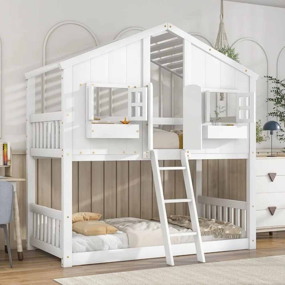 Harper & Bright Designs House Bunk Bed Twin Over Twin Kids Bunk Bed Wood Frame with Roof, Window, Window Box, Door, Safety Guard