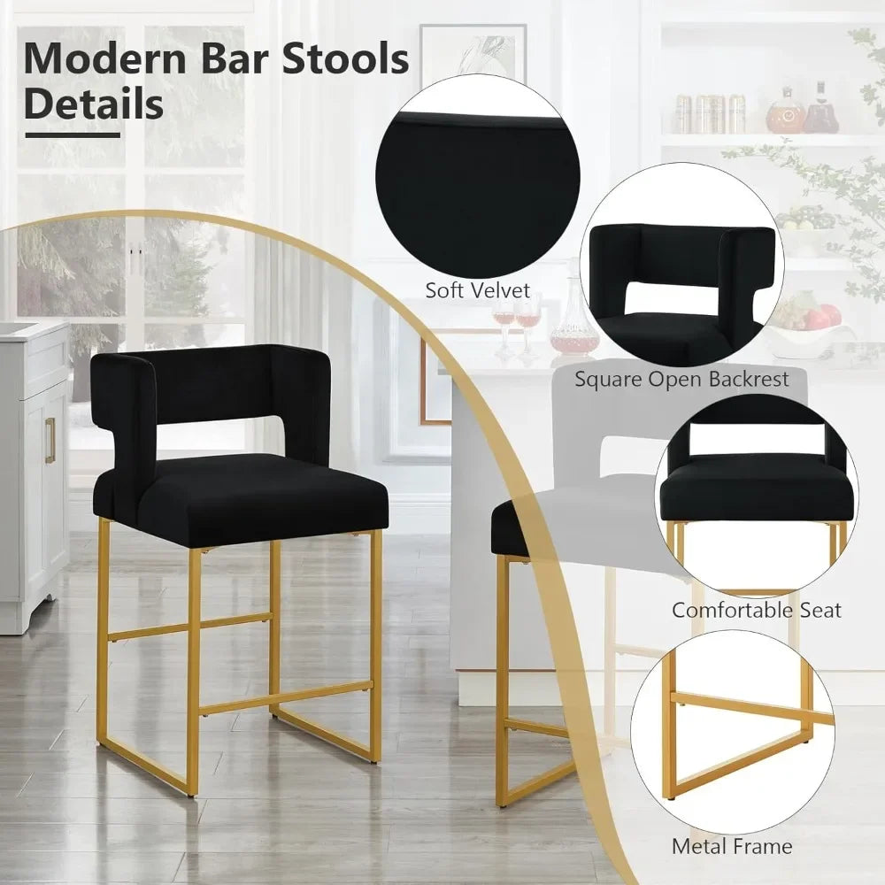 26" H Counter Height Bar Stools Set of 4, Modern Velvet Bar Stools with Square Open Backrest and Gold Metal Frame