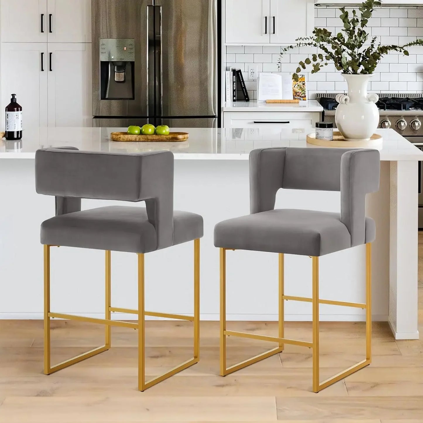 26" H Counter Height Bar Stools Set of 4, Modern Velvet Bar Stools with Square Open Backrest and Gold Metal Frame