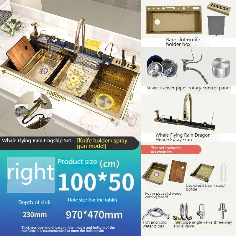 Gloden Stainless Steel Waterfall Kitchen Sink with Faucet Digital Display Multifunctional  Large Single Slot Dishwashing Basins