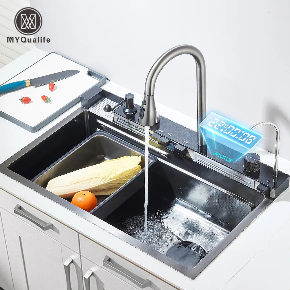 304 Stainless Steel Waterfall Kitchen Sink Large Single Slot Integrated Digital Display Faucet Set Soap Dispenser 75*45cm