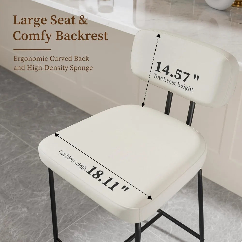 26" counter height bar stools (Set of 2) - White Fabric with Backs, Wide Seat, Metal Legs & Footrest | Kitchen Bar Use