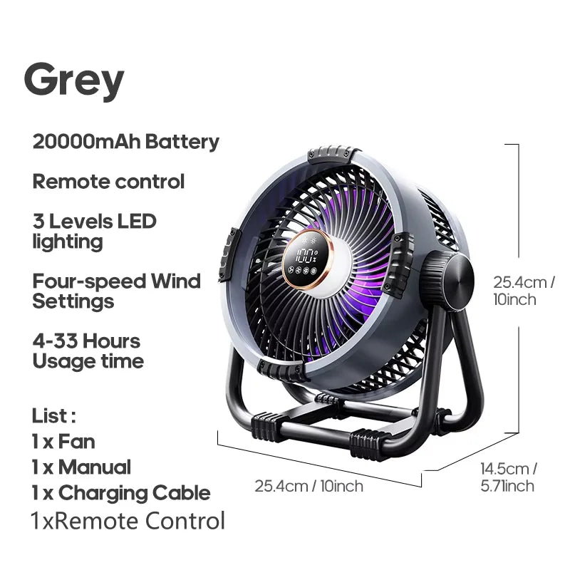 Upgraded 6-in-1 portable camping fan 20000mah rechargeable outdoor fan 4-speed air circulator for camping, hiking, beach picnics