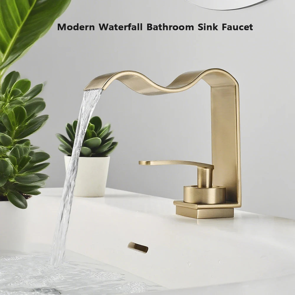 Luxury Brushed Gold Bathroom Sink Faucet Deck Mounted Hot Cold Brass Mixer Waterfall Basin Faucets Lavatory Washbasin Water Tap