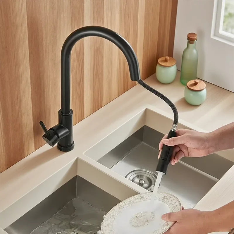 Upgraded Black Silver Pull-Out Telescopic Rotary Kitchen Faucet Stainless Steel Hot Cold Dual Mode Easy Install Water Outlet