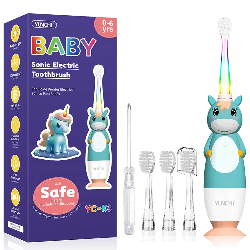 YUNCHi Kid Electric Toothbrush Battery Powered Children Sonic Toothbrush 2 Min Timer 30s Reminder IPX7 with Replacement Heads