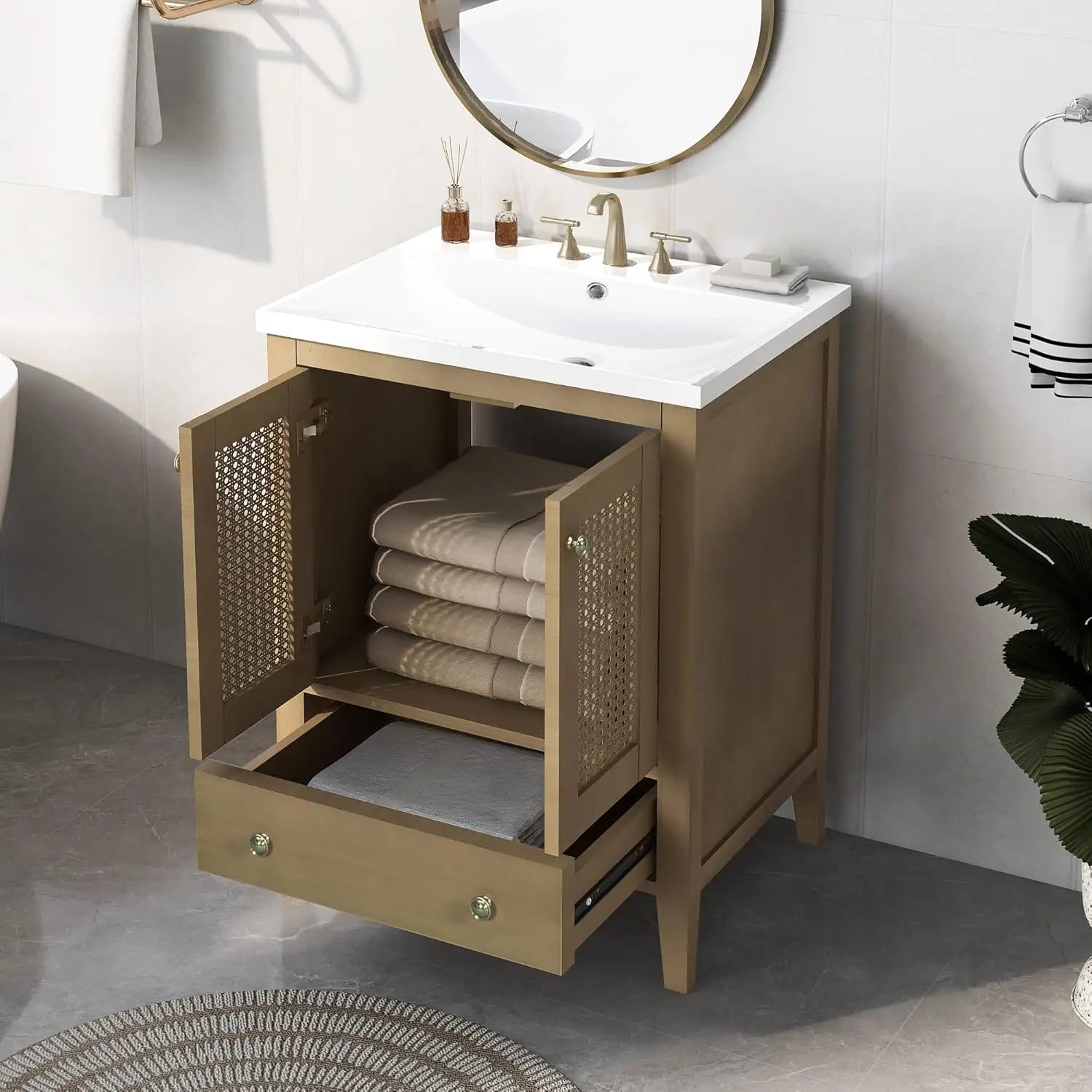 24" Farmhouse Bathroom Vanity with Undermount Sink | Freestanding Single Sink Combo with Tip-Out Drawer & Dual Pull-Out Drawers