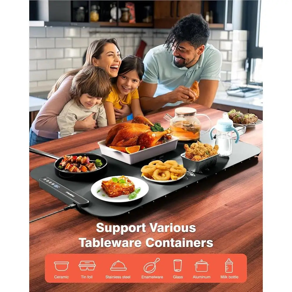 Silicone Electric Warming Mat Food Tray with 7 Temp Settings Auto Shut Off Timer Fahrenheit Celsius Easy Clean Large Surface