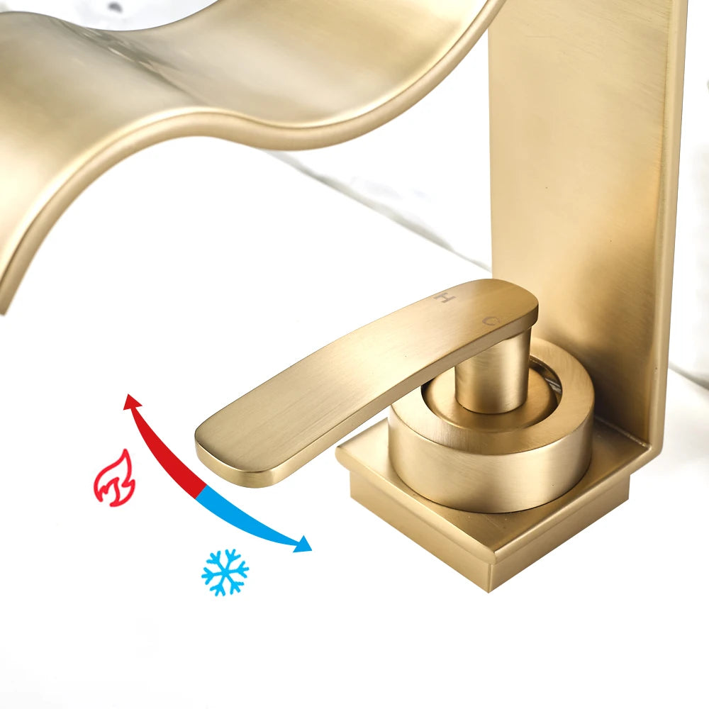 Luxury Brushed Gold Bathroom Sink Faucet Deck Mounted Hot Cold Brass Mixer Waterfall Basin Faucets Lavatory Washbasin Water Tap