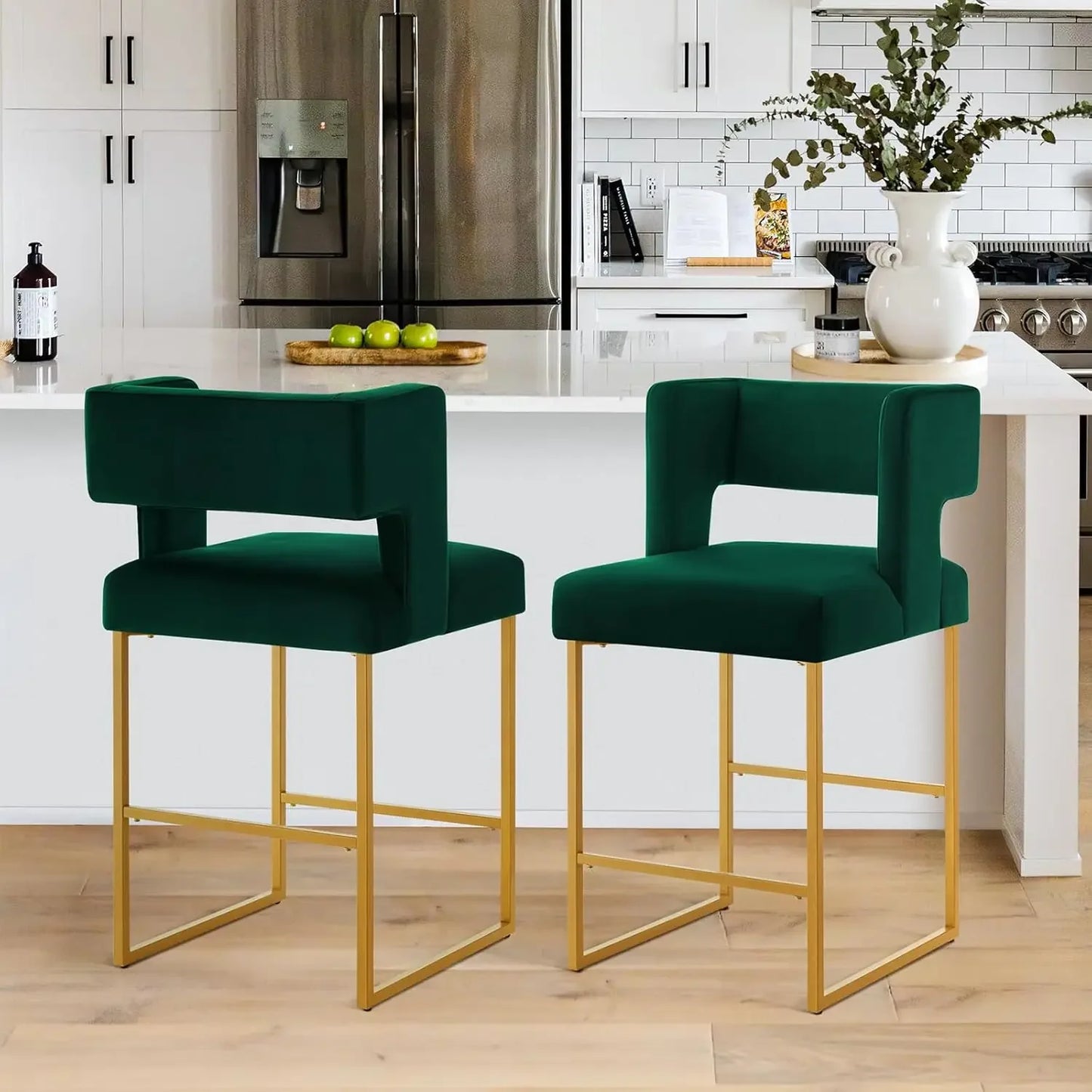 26" H Counter Height Bar Stools Set of 4, Modern Velvet Bar Stools with Square Open Backrest and Gold Metal Frame