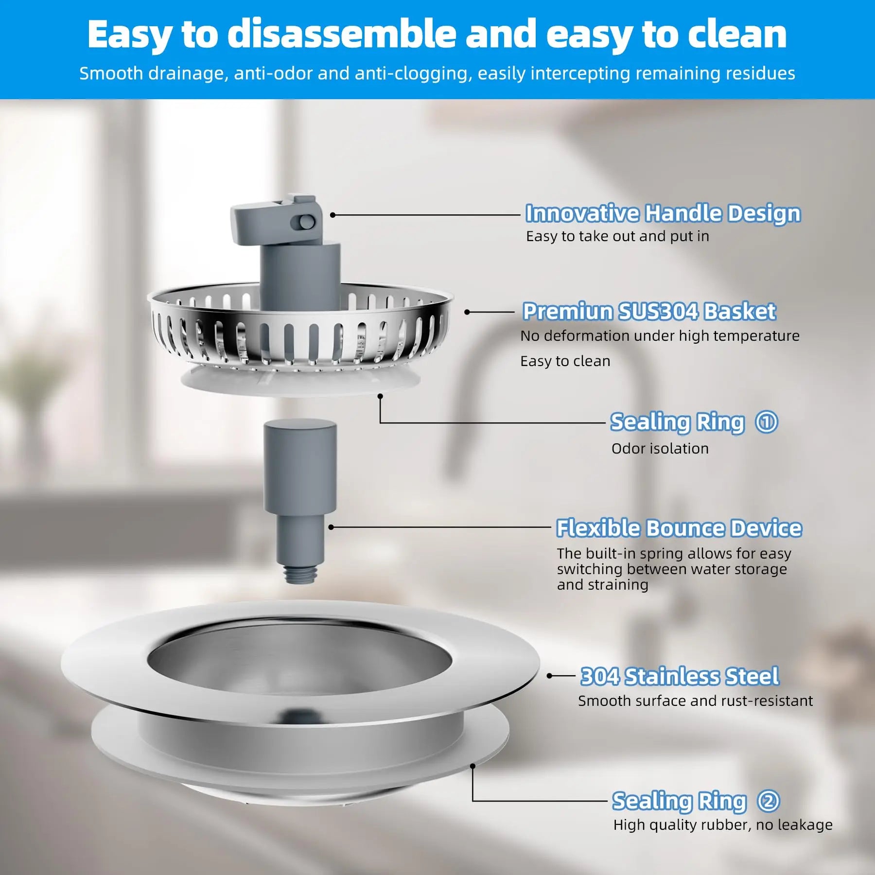 Hibbent Upgraded 3 in 1 Kitchen Sink Drain Strainer and Stopper Combo, Stainless Steel Metal Pop Up Sink Stopper,