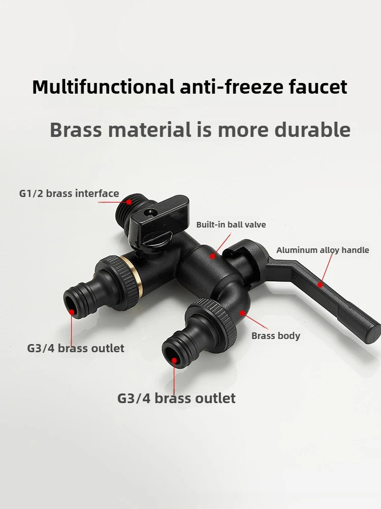Black Brass Garden Hose Faucet Outdoor Anti-Freeze Bibcocks with Dual Outlet for Washing Machine 1/2 Inch Outdoor Faucet, Garden