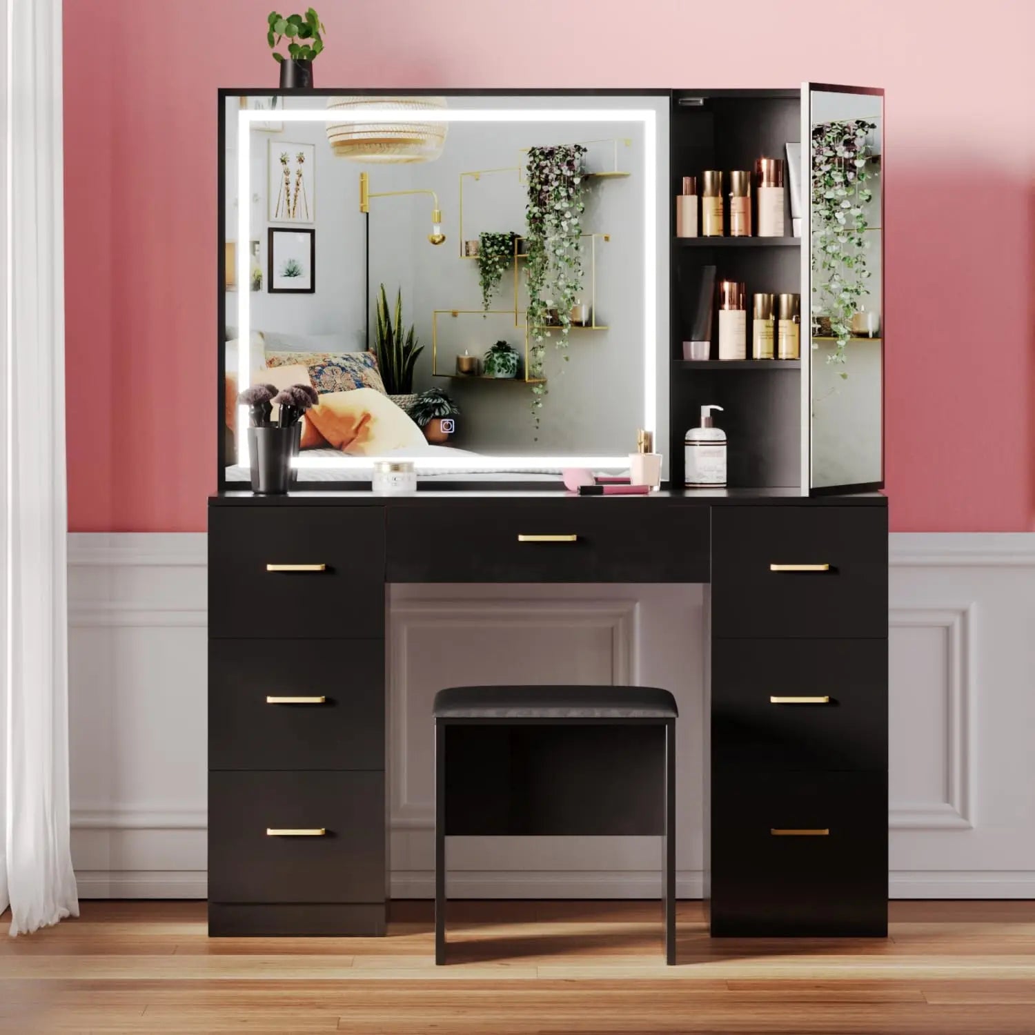 Vanity Desk with Lighted Mirror and Charging Station&Glass Tabletop, Sliding Mirror Makeup Vanity Table, Dressing Table