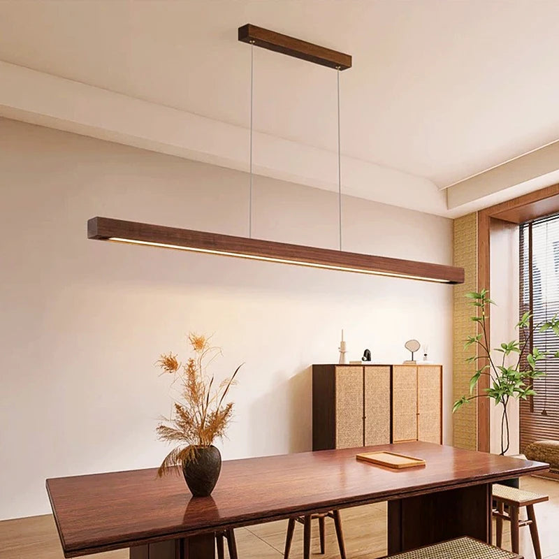 DAMIASMIL LED Pendant Light Dining Table Lamp Wood Long Strip Suspension Chandelier for Living Dining Room Lighting Fixture