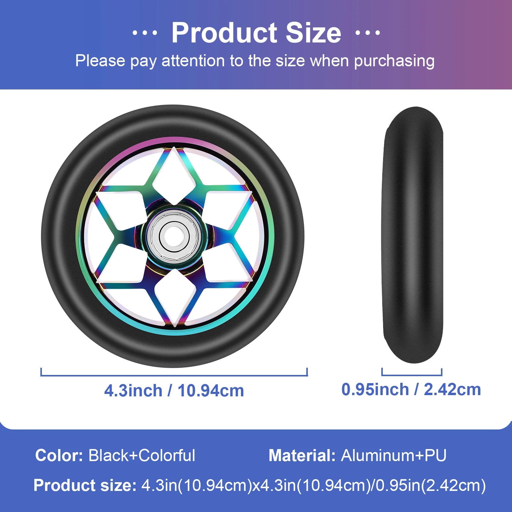 Trendy! 2 Pcs Scooter Accessories 110mm Scooter Wheels Colorful Pu Wheels Thick Stunt Car Wheels with Bearings(Black)