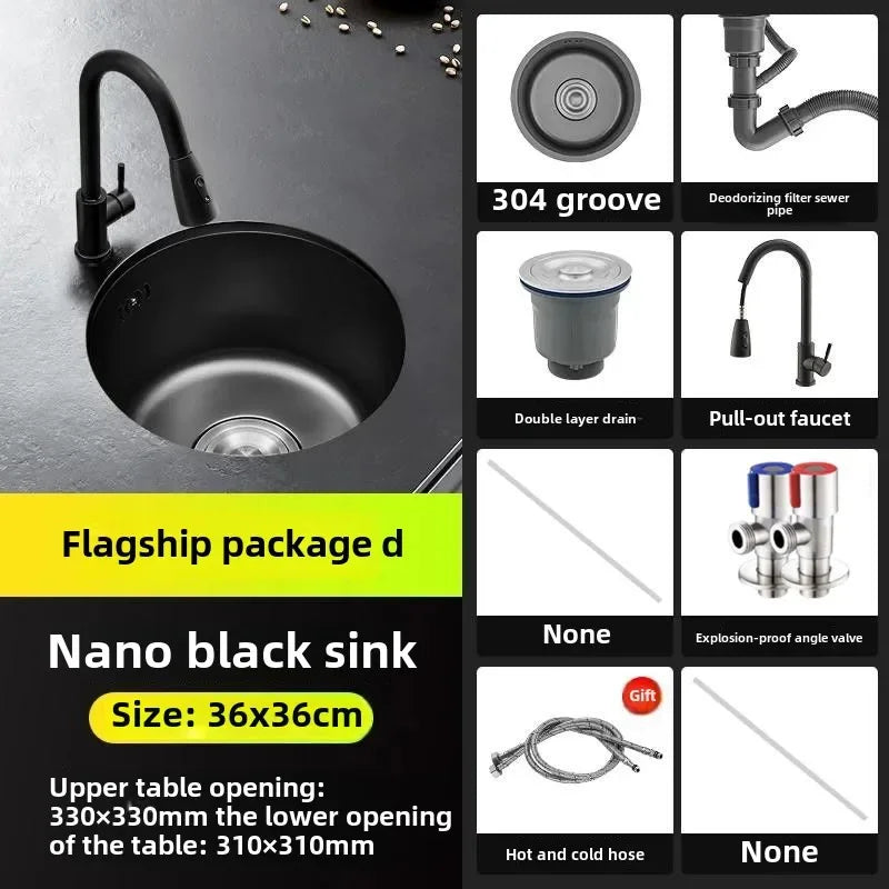 Black Round Bar Sink Nano Stainless Steel Single Basin Small Kitchen Dishwashing and Vegetable Washing Sink kitchen sink cocina