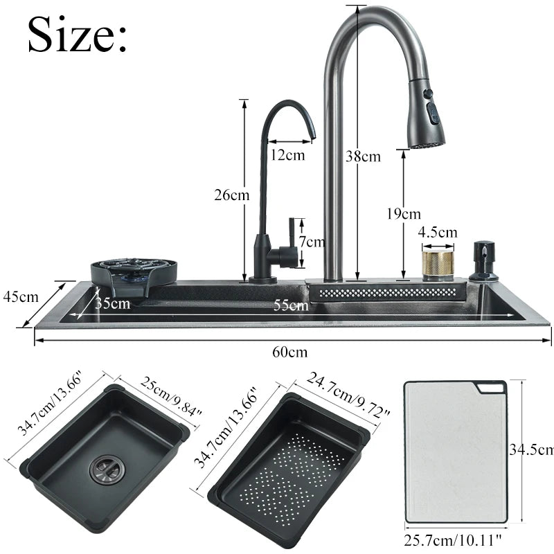 Single Slot Kitchen Sink with Faucet 304 Stainless Steel Large 60x45cm Rainfall 4 Functions Sink with Soap Dispenser,Cup Washer