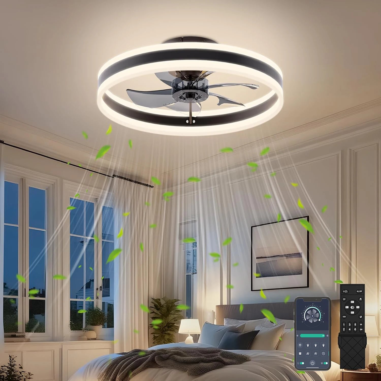 Modern ceiling fan with light and remote control, 15.7 "low-specification ceiling fan, with 6-speed and dimmable LED, APP 3CCT