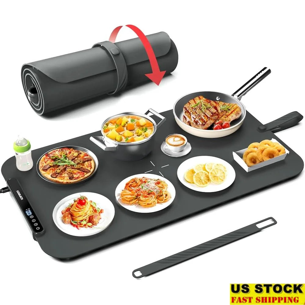 Silicone Electric Warming Mat Food Tray with 7 Temp Settings Auto Shut Off Timer Fahrenheit Celsius Easy Clean Large Surface