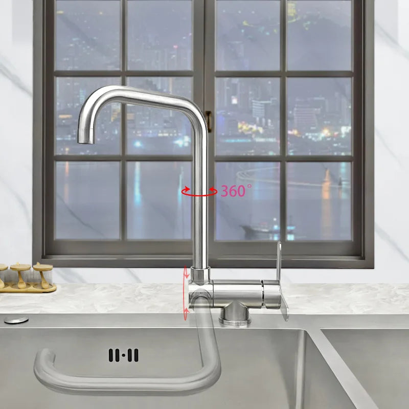 Stainless Steel Inner Window Folding Kitchen Faucet 360 Degree Swivel Hot Cold Mixer Water Tap Lead-Free Bathroom Sink Faucet