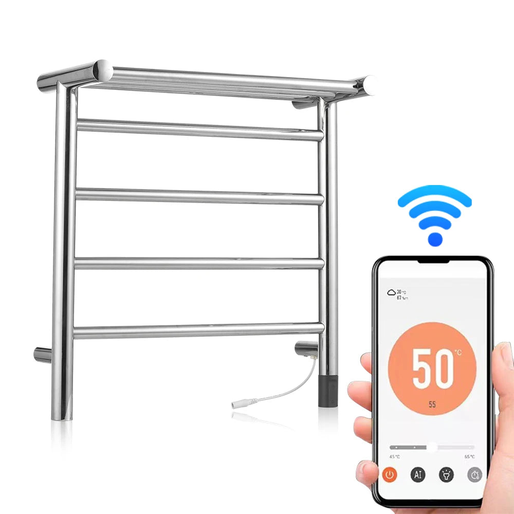WiFi Electric Towel Warmer Rack 45W 24V 4 Bars Towel Warmer with Top Shelf Timer Wall Mounted IPX4 Waterproof Heated Towel Racks