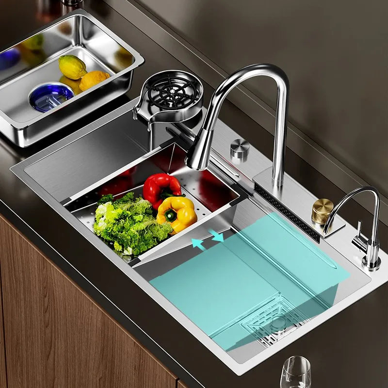 Multifunction Brushed Nano Kitchen Sink Waterfall Faucet Large Single Bowl Cup Washer Pure Tap Soap Dispenser Stainless Steel