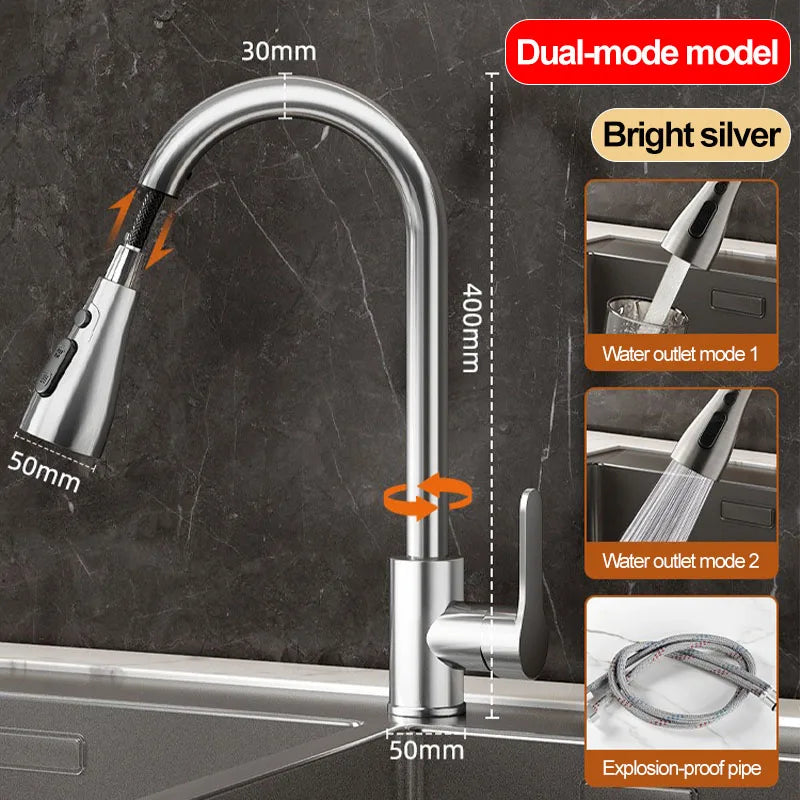 Stainless steel kitchen pull-out faucet, hot and cold household splash-proof sink, retractable sink, vegetable washing basin fau