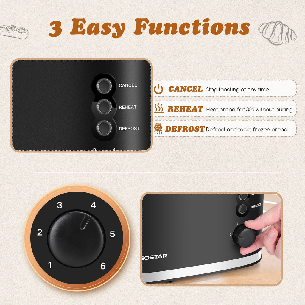 Toaster, 2 Extra Wide Slots, with Built-In Ball Warmer Rack, 6 Toast Levels, 3 Functions, 800W, Bpa Free