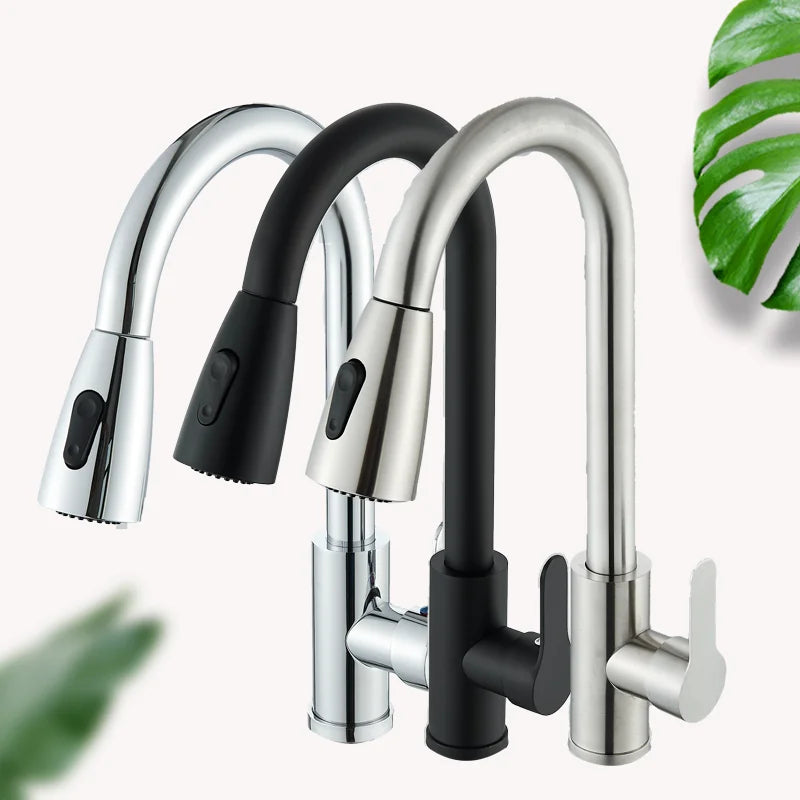 Chrome Home Kitchen Sink Pull-Out Tap Single Handle Cold and Hot Single Handle Deck 360 ° Optional Crane 2 Function Spray Faucet