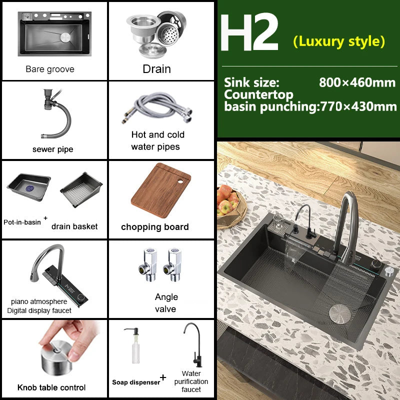 Gloden Stainless Steel Waterfall Kitchen Sink with Faucet Digital Display Multifunctional  Large Single Slot Dishwashing Basins