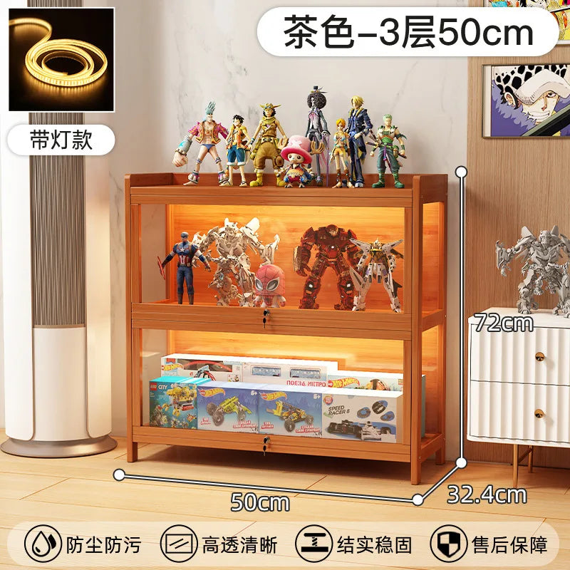 Display Cabinet Acrylic Curio Cabinet with Lock Glass Display Cabinet Natural Bamboo  Glass Cabinet Easy to Install，With Lights