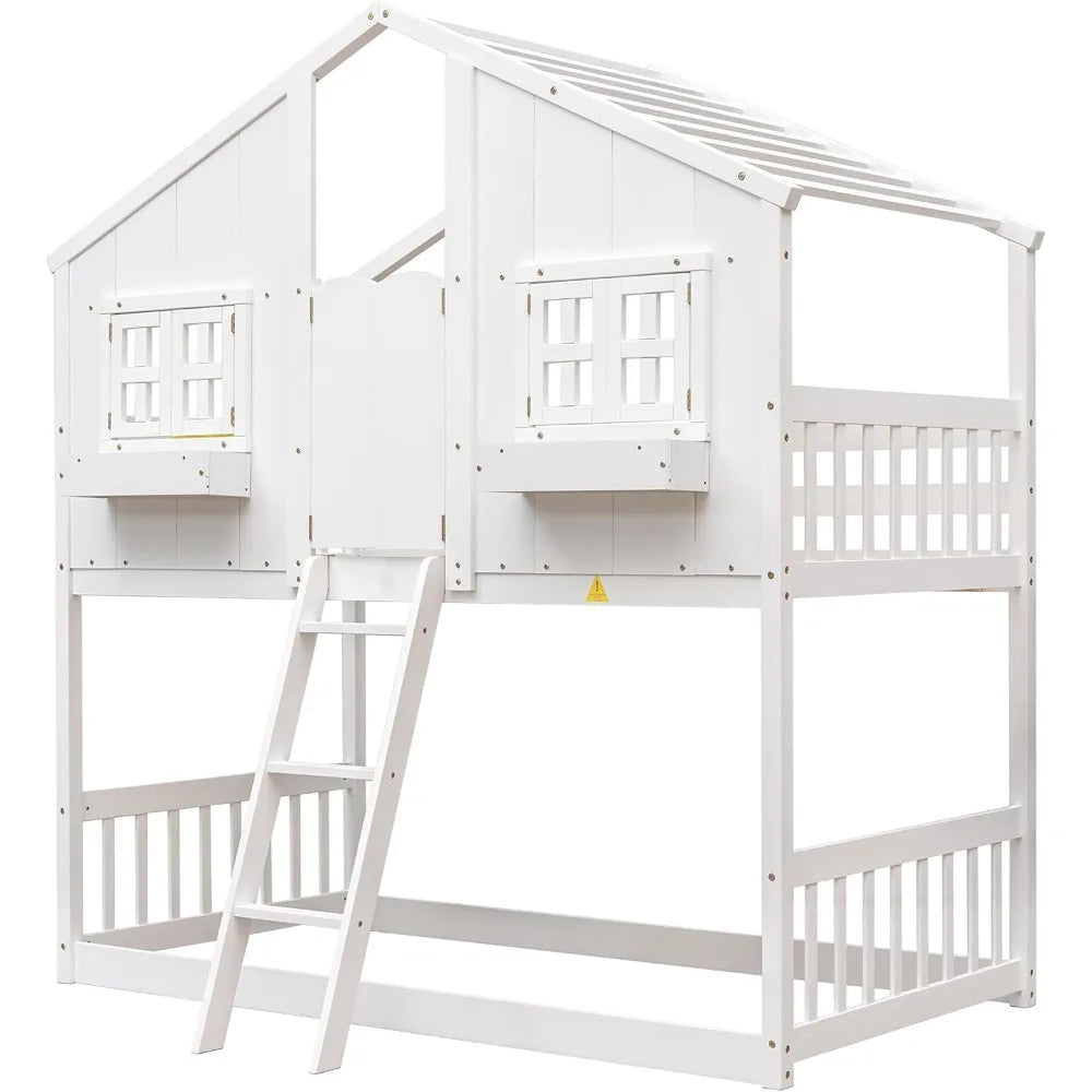 Harper & Bright Designs House Bunk Bed Twin Over Twin Kids Bunk Bed Wood Frame with Roof, Window, Window Box, Door, Safety Guard