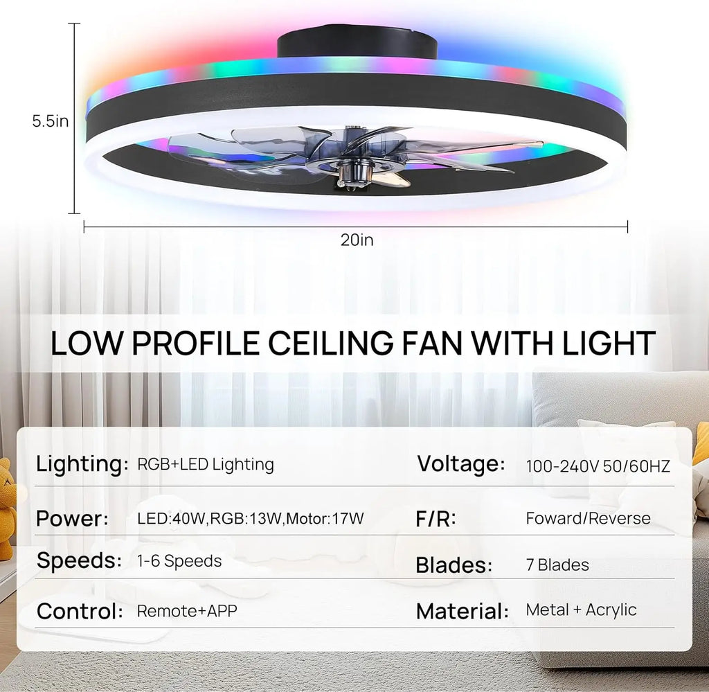 RGB TUYA Modern Ceiling Fan (With Lighting) Silent LED Dimmable Ceiling Fan (With Remote Control) for Bedroom Study Dining Room