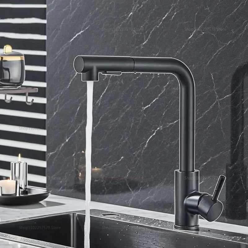 Upgraded Black Silver Pull-Out Telescopic Rotary Kitchen Faucet Stainless Steel Hot Cold Dual Mode Easy Install Water Outlet